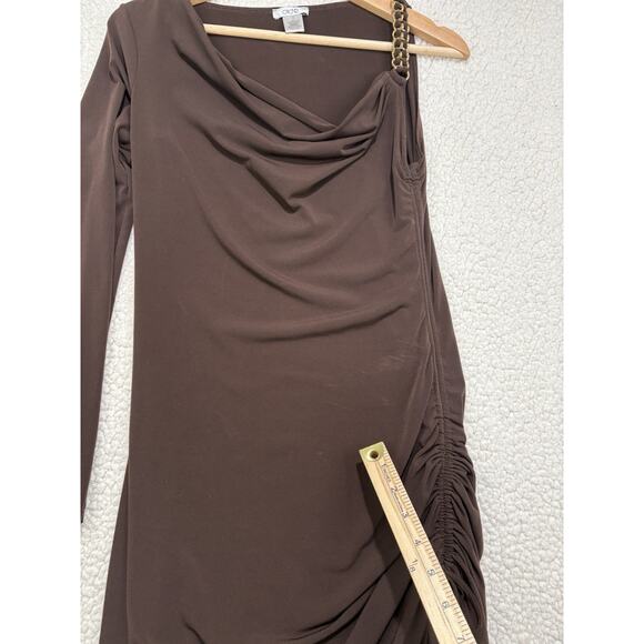 Caché Y2K One Sleeve Chocolate Dress Size S Ruched Gold Chain Asymmetric Bodycon - Picture 3 of 6